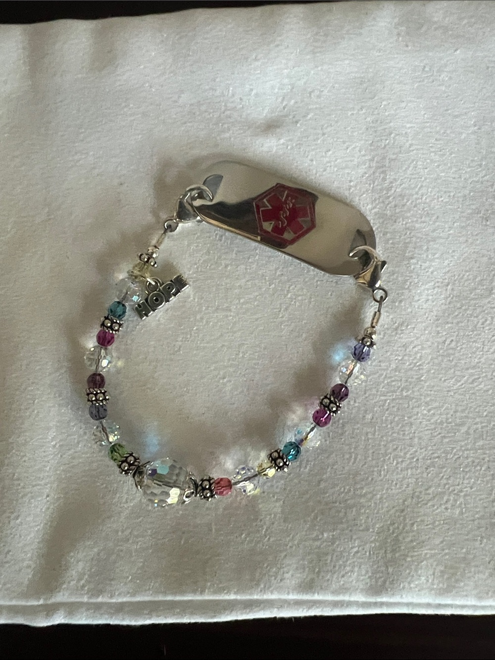 Beaded Medical ID Bracelet with Multicolor Crystals NUT ALLERGY printed on back